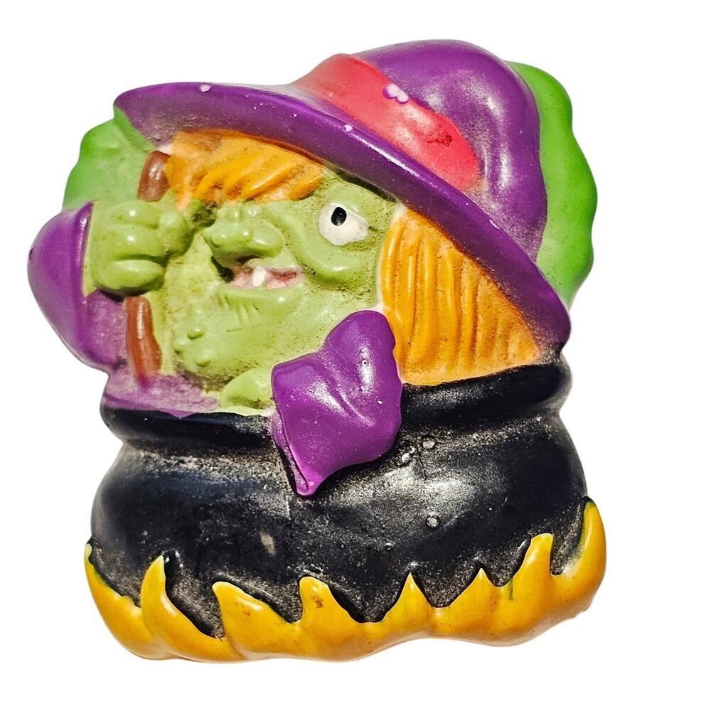 Vintage Halloween Witch Brooch Cauldron Pin Green Face Purple Hat 1.34"